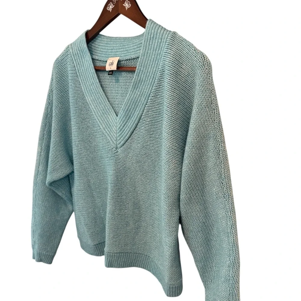 Cabi V-Neck Cotton Blend Knit Sweater Aqua Small Chunky‎ Coastal Oversized